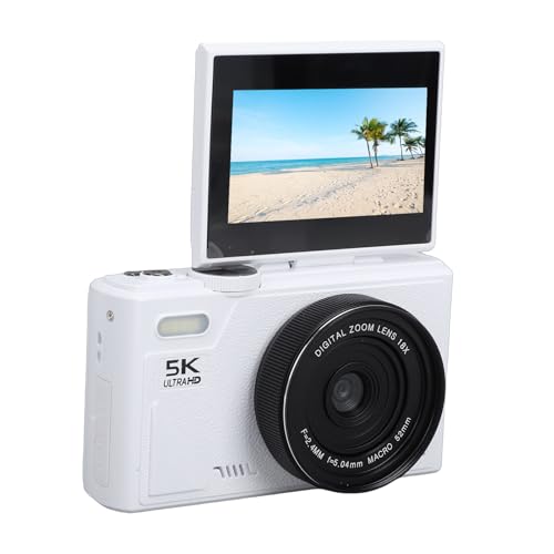 Yanmis Cámara Digital 5K para Fotografía, Cámara de Vlogging con Enfoque Automático y Zoom HD de 75MP 18X para Youtube con Pantalla Abatible de 3', Antivibración, Compatible con (White)