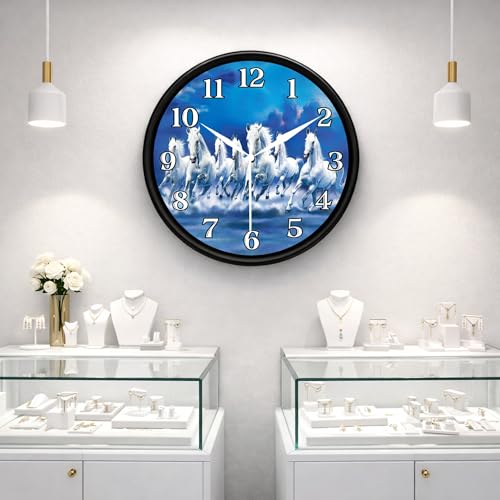 Image of AmeraKart- 7 Running White Horses Analog Wall Clock 10 Inch - Vastu Inspired Positive Energy Horse Wall Decor I Free Adhesive Hook | No Drill Installation I Living Room, Office Cabin & Home (Blue)