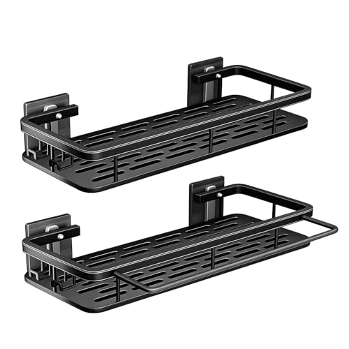 EVALAND Shower Caddy Adhesive 2-Pack with Hooks and Rod for Towels, Black – Premium Bathroom Shower Shelves, Shampoo Organizer, Bathtub Shelf, Rustproof, Easy Installation, Sturdy Modern Look