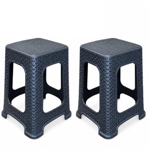Image of SterlingEdge 2 Pack Rattan Effect Garden Stools, Plastic Outdoor Indoor Stackable Patio Seat, Side Table, Lightweight Weather Resistant Footstool, Garden Furniture for Home & Patio