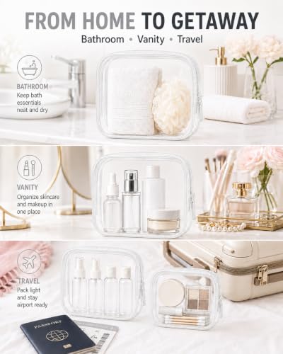 Image of LETGO Small Clear Toiletry Bag, 4 Packs TSA Approved Water resistant Quart Size Travel Organizer, Airport Airline Travel Essential Carry On Makeup Cosmetic Bags for Women (White, Pack of 4)
