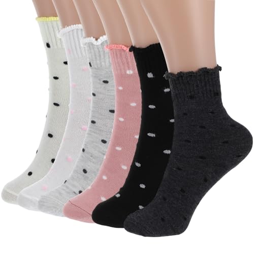 Image of ElevateTech 6 Pairs Ruffle Socks Women Cute Soft Breathable Cool Round Dot Frilly Sock Sports Non-Slip Elasticity Crew Socks One Size Girls Clothes Accessories Gifts