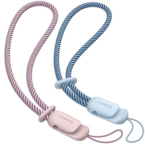 Image of SURPHY 2 Pack Phone Lanyard, Phone Wrist Strap for Case, Camera Wrist Strap | Ultra-Light 2-Color Braided Phone Strap, Cellphone Charm Strap, Anti-Lost Wrist Lanyard for Women and Men, Pink Cloud Blue