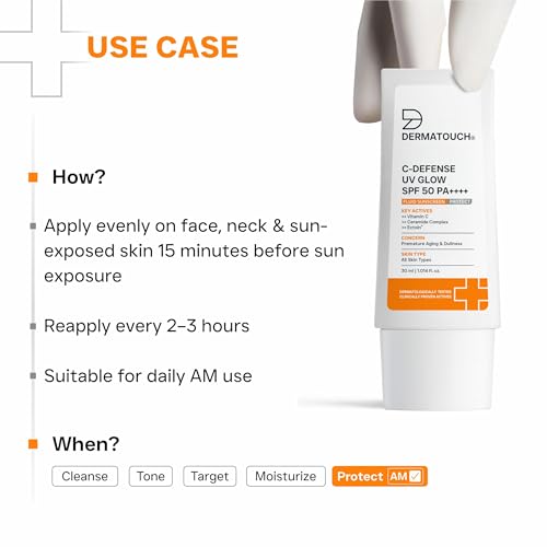 Image of DERMATOUCH C-Defense SPF 50 PA++++ Fluid Sunscreen with Vitamin C & Ceramides | Broad Spectrum | For Premature Aging, Dullness & Sunburn | Zero White Cast | Lightweight Daily Sunscreen | In-Vivo & In-Vitro Tested | 30ml