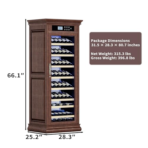 Image of KEIKI Freestanding Wine Refrigerator with Wood Cabinet, 102 Bottle Single Zone Wine Cooler, Humidity Control Tempered Glass Door, LED Light Lockable Shelves, for Home Bar Dining, Walnut