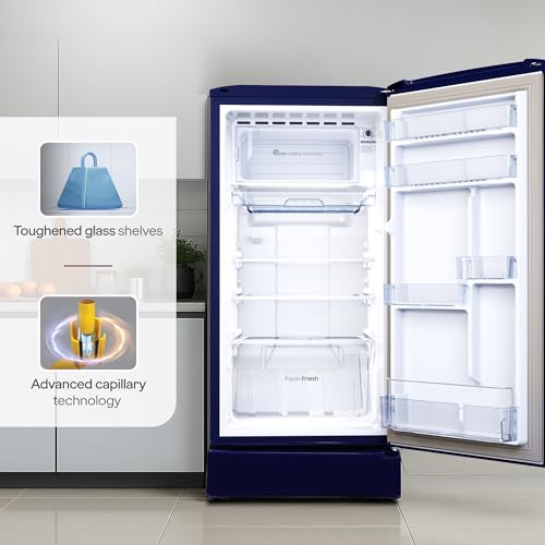 Image of Godrej 183 L 2 Star| Farm Fresh Crisper Technology| Turbo Cooling Technology | Toughened Glass Shelved | Jumbo Vegetable Tray | Direct Cool Single Door Refrigerator (RD R190BN THF BR BL, Berry Blue)