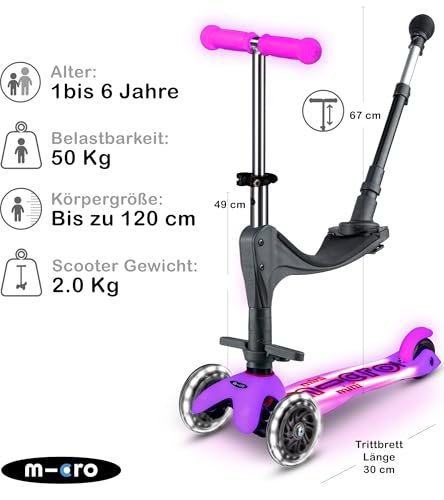 micro™ Mini micro Glow LED Plus 3in1 | H&ouml;henverstellbar & Mitwachsend | Das ORIGINAL | Kinderroller ab 1 Jahr | Inklusive LED Rollen, Griff & Sitz | Jungs & M&auml;dchen 1-6 Jahre (Frosty Pink)