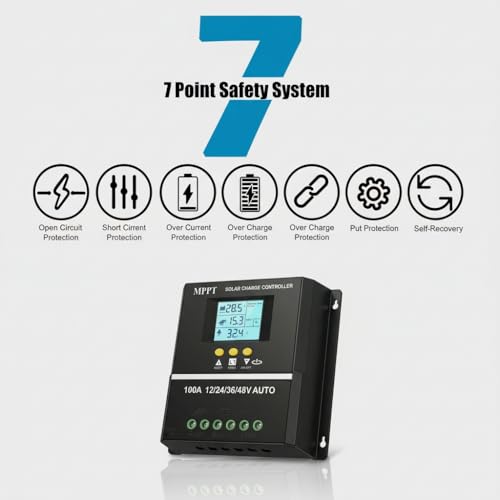 100A MPPT Laderegler, 100 A Solar BatterieController, 12/24/36/48 VBlei Säure und Lithium Batterien LCD-Display Überladeschutz, wasserdichtes Design