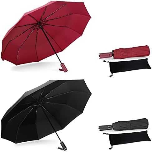 JIGUOOR 2 Pack Folding Umbrella Windproof Compact Travel,Auto Open/Close Large Rain Umbrellas w/Teflon Coating, Ergonomic Handle Free Leather Case for Mens Women