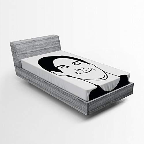 ABAKUHAUS Humour Drap-Housse, Oh Merde Troll Visage Guy, Pochette Élastique Tout Confort pour Literie en Tissu Décoratif, 90 x 190 cm, Noir et Blanc