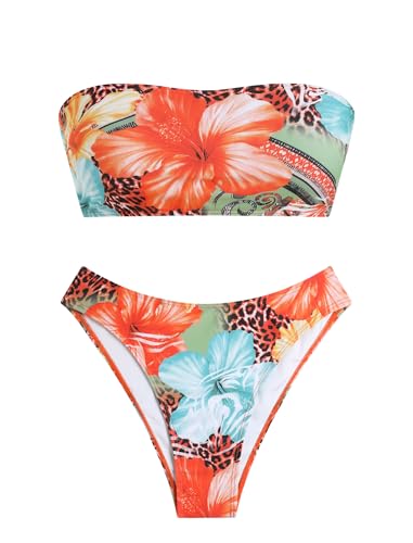 Image of ZAFUL Womens 3pcs Bikini Swimsuits Bandeau 3 Piece Swimwear High Cut Bikini Sets with Long Sheer Coverup Dress
