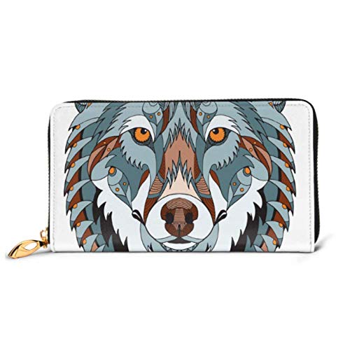 Preisvergleich Produktbild JHGFG Mode Handtasche Reißverschluss Brieftasche Grau Wolfskopf Zentangle Stilisierte Telefonkupplung Geldbörse Abendkupplung Blockierung Leder Brieftasche Multi Card Organizer