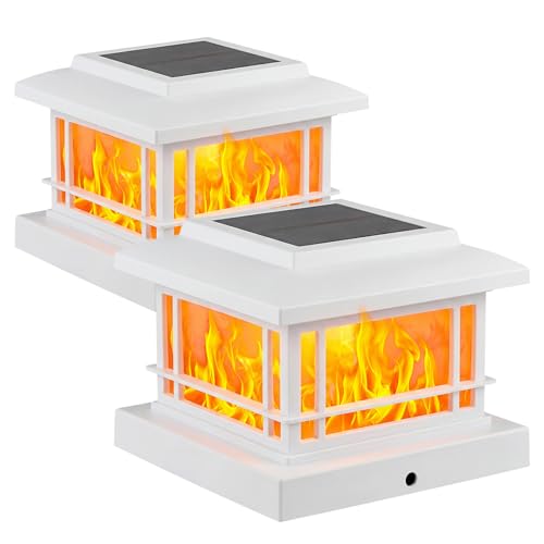 JOFIOS Flickering Flame Solar Post Cap Lights Outdoor, White Post Lights with 3 Color Temperature, Fits 3.5" 4" 4.5" 5" Wood/Vinyl Posts, IP64 Waterproof Fence Deck Lights for Garden Patio Yard 2 Pack