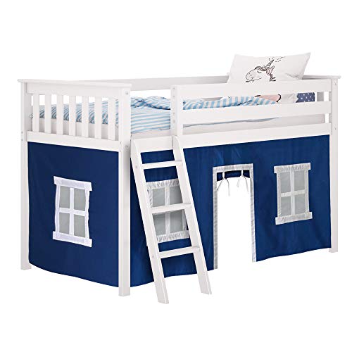 Max & Lily Low Loft Bed, Twin Bed Frame For Kids, Grey & Cotton Underbed Curtains, Blue & White #TOP5