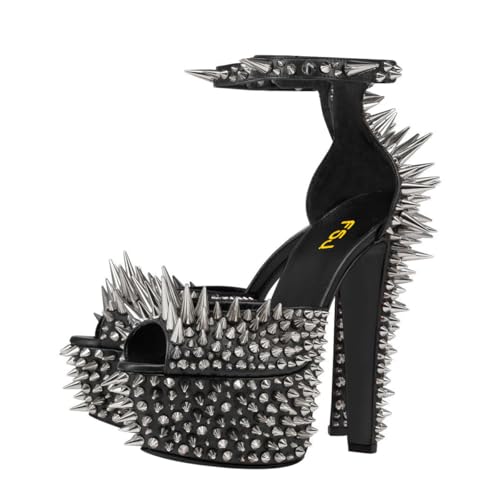 FSJ Women Spiked High Heel Sandals with Studded Ankle Strap Peep Toe Platform Chunky Rivets Heel Sexy Night Club Party Shoes Size 4-16 US