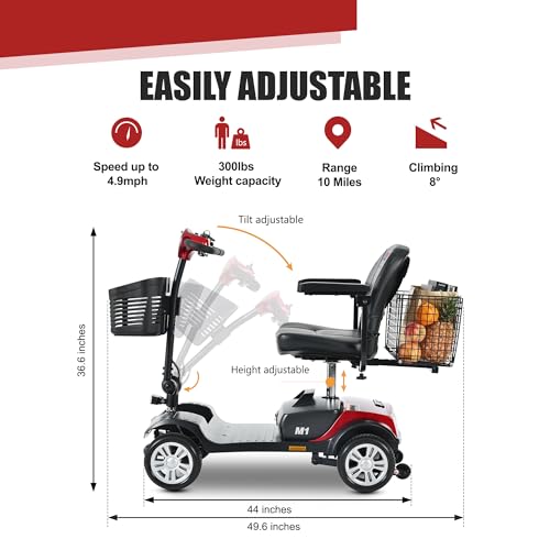 Image of Electric Scooter Mobility for Adults 4-Wheel Powered Mobility Scooters for Seniors - 300 lbs Max Weight, with seat Wheelchair Device - Compact for Travel, Elderly (with Head Light-Red)