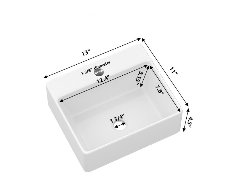 Kichae Wall Mount Hung Small Vessel Sink - Bathroom Corner Floating Sink Rectangle 13" x 11" Modern Bathroom White Porcelain Ceramic Vessel Vanity Sink with Faucet Hole 3