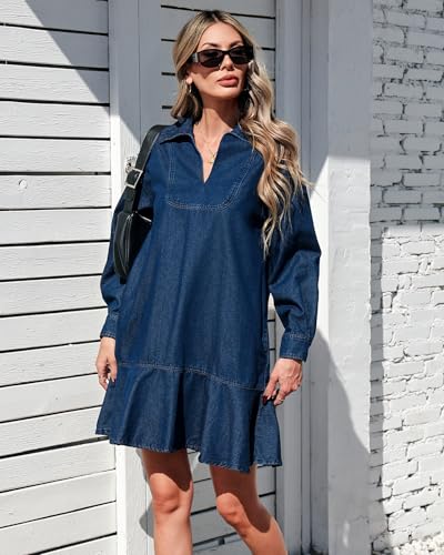Womens Denim Mini Dress Ruffle Hem Collared V Neck Tiered Mini Babydoll Dress Casual Flowy Jean Dresses2