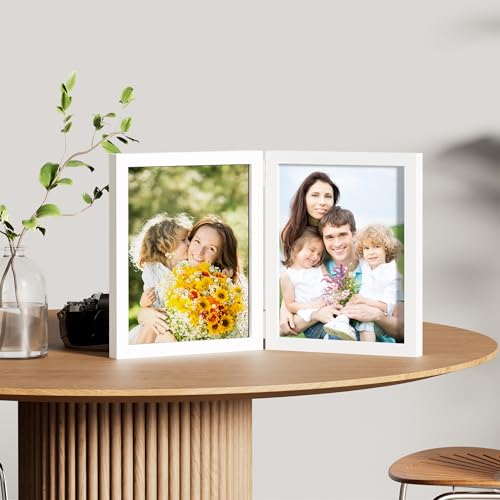 decorUhome Double 8x10 Picture Frame Vertical, Engineered Wood Bifold Photo Frame with Plexiglass for Tabletop Display, 8x10, White