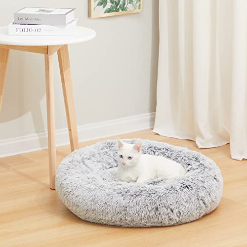 Image of Bedfolks Calming Donut Dog Bed for Small Dogs & Cats, 23 Inches Round, Machine Washable, Anti-Anxiety Plush Bed (Dark Grey, Small)