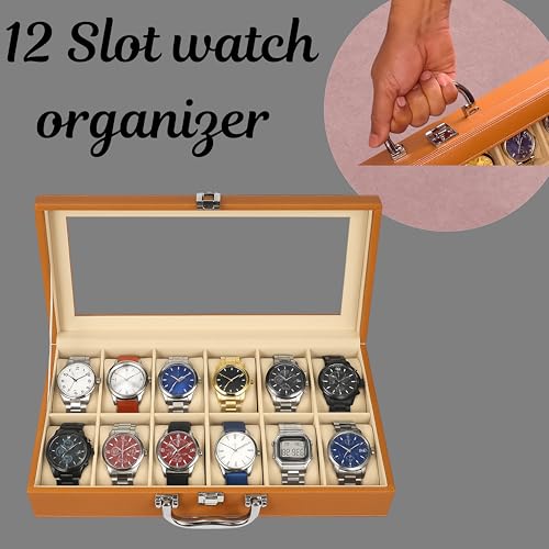 Image of ZAFCO PU Leather Watch Box Organizer with Acrylic Top, Lock & Handle - Luxury Watch Storage Case with Soft Cushions for Men & Women - Large Display Watch Holder -Tan 12 Slot