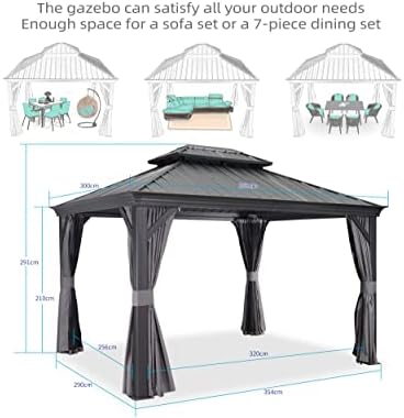 PURPLE LEAF Heavy Duty Garden Gazebo 3M x 3.65M with Galvanized Steel Double Roof, Waterproof Matal Hard Top Gazebo with Sides Curtain and Netting for All Weather, Balcony, Outdoor and Patio, Grey
