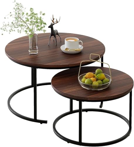 Image of Elegance Iron & Wooden Round Retro Golden Side Tables - Night Stand, Bedside, Sofa Side, Coffee, Centre, Nesting and Bar Table Set of 2 (Black & Natural)