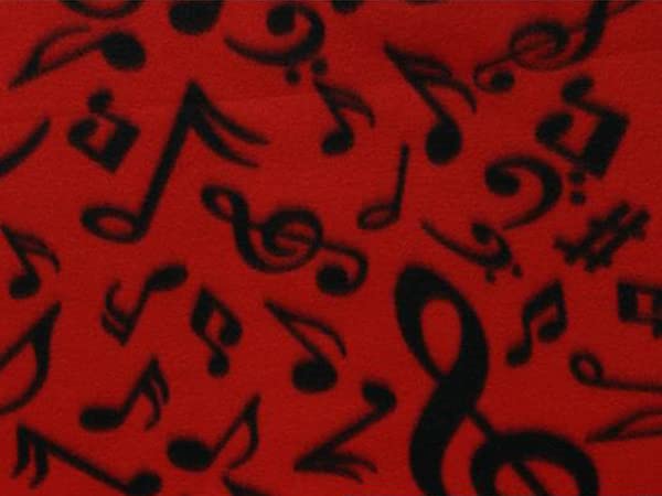 Fabric EmpireFleece Printed Anti Pill Black Musical Notes - RED Background
