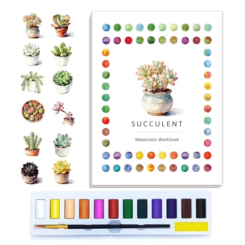 CraftyManor Watercolor Workbook Creative Fruit Water color Paint Book Set with Paints & Brush, 12 Patterns of Original DIY Designs, Beginner-Friendly Adult Coloring Books (Succulent)