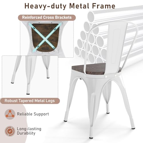 Image of COSTWAY Stackable Metal Dining Chairs Set of 4 with Wood Seat and High Back | White, Industrial Vintage Style, Elm Wood Seat Board, 18 Inch, for Dining Room, Kitchen, Bar, Cafe, Bistro, Restaurant