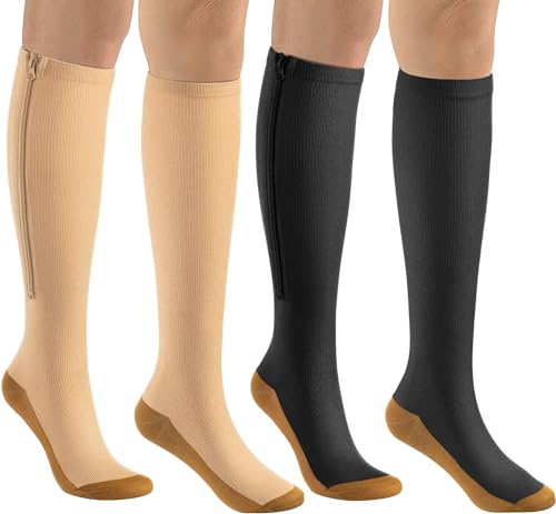 Image of bropite Zipper Compression Socks Women & Men|15-20mmHg closed Toe knee high | 2Pairs Calf Knee High 15-20mmHg closed Toe Compression Stocking suit for Walking Recovery, Pregnant, Nurse