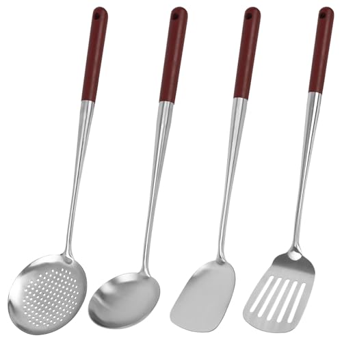 HANSGO Wok Utensils Set, Wok Spatula and Ladle with Wooden Handle, Stainless Steel Wok Tools Include Skimmer Ladle, Soup Ladle, Wok Spatula and Slotted Spatula