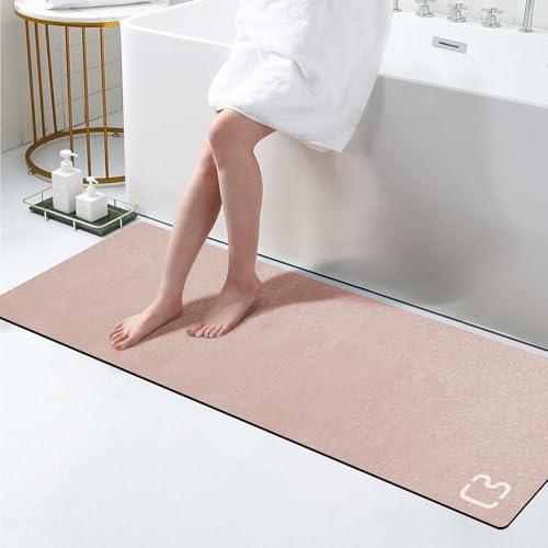 Tapis de bain extra long à séchage rapide, super absorbant, envers en caoutchouc antidérapant, pour salle de bain, baignoire, douche, évier, motif terre de diatomée, 43,2 x 150 cm, rose pâle