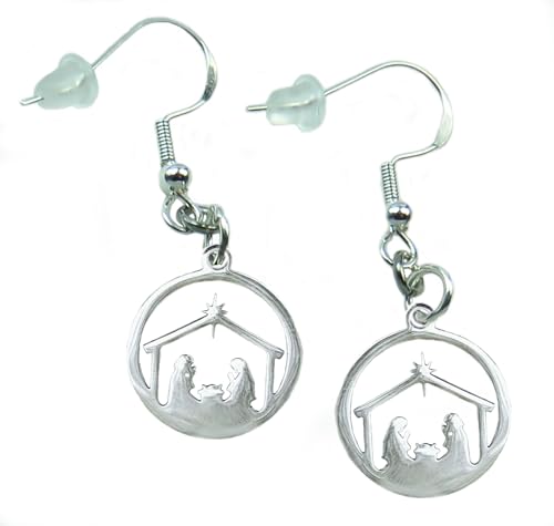 Handmade Christmas Earrings, Laser Cut Stainless Steel Nativity Scene on Silver Finished Stainless Steel Ear Wires