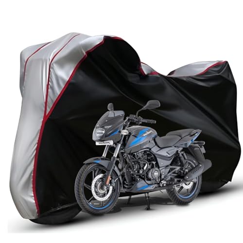 Image of Waterproof Bike Body Cover Compatible with Bajaj Pulsar 150 Dustproof Scratchproof - Motorcycle Cover for Two Wheeler, Outdoor Full Cover with UV, Duty, Rain Protection (Black Top Silver) R1