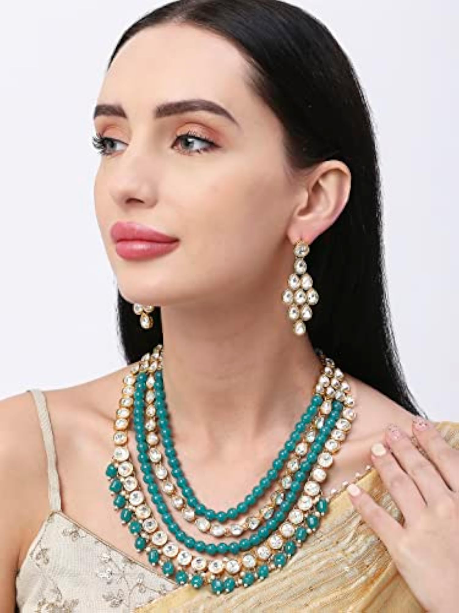 Green Beads & Kundan Multi Layer Ethnic Mala Necklace Set with Drop Earrings