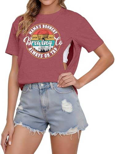 Image of Women's Nursing Shirts for Breastfeeding Zipper Short Sleeves Mama Shirt Causal Maternity Nursing Graphic Tees Tops