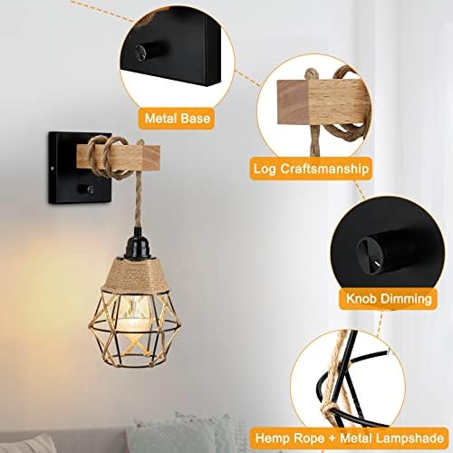 ENCOFT Industrial Wall Light Indoor, Retro Wooden Wall Lamp Dimmable with Switch, Industrial Wall Sconces E27 Base Plug in for Living Room, Bedroom, Lounge, Loft, Coffe, Wall Decor (Bulbs Included)