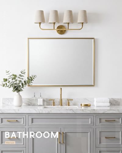 Image of 4-Light Brushed Gold Bathroom Vanity Light, Brown Linen Fabric Shade | 28 Inch gold bathroom light fixture over mirror, UL listed, E26 bulbs, hardwired, upward only, VL837-BG-L-4