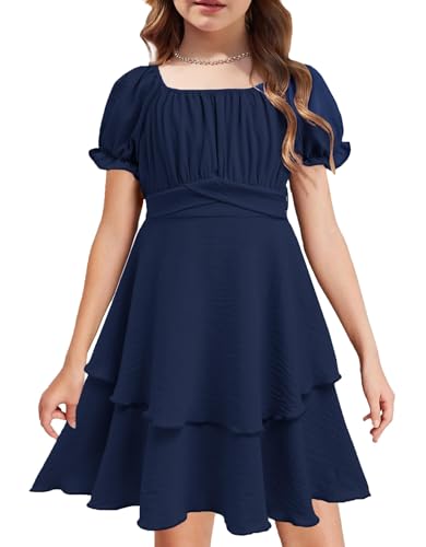 Arshiner Kleider für Mädchen Sommerkleider Kurzarm Chiffonkleid Blau...