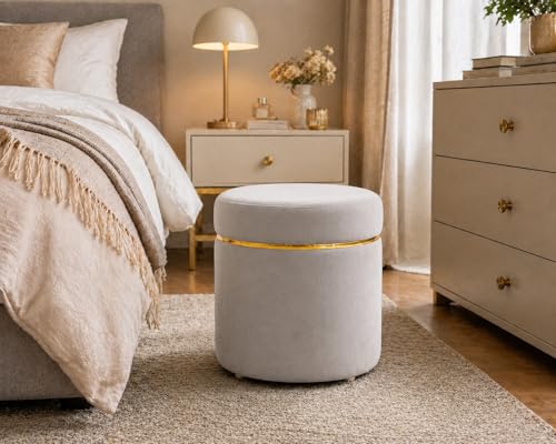 Image of Dence Store Modern Velvet Puffy Ottoman Stool for Living Room | Round Footrest Pouffe with Gold Accent Band | Soft Cushioned Seat for Dressing Table, Bedroom & Home Decor (Set of 2 Silver Grey)