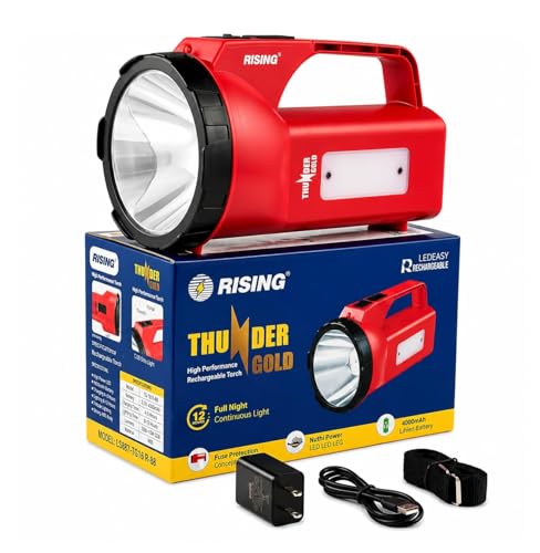 Image of RISING Thunder Gold Rechargeable 5W LED Torch with Emergency Sidelight | 4000mAh Li-ion Battery | Type-C Fast Charging with Power Bank Option| 1KM Long Range Beam | Upto 12 Hours Backup