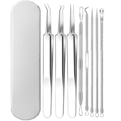 WUBAYI Herramienta para eliminar puntos negros, kit de 8 piezas de acero inoxidable para eliminar puntos negros, espinillas y acné, extractor profesional de comedones para el cuidado de la piel de