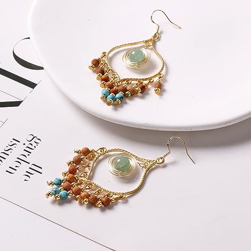 Bohemian Long Tassel Turquoise Beads Water Drop Dangle Earrings For Women Vintage Sbb Copper Coil Necklace Mujer Exaggerated Earring3