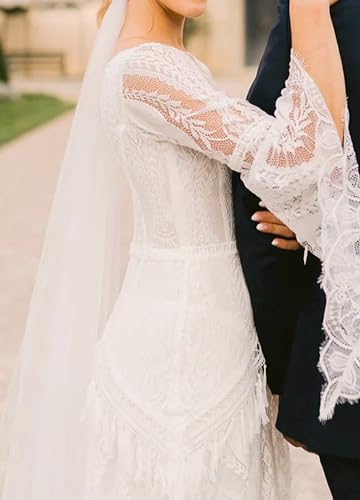 Image of Women Beach Lace Wedding Dress V Neck Long Bell Sleeves Boho Tasseled Western Bridal Gowns for Bride