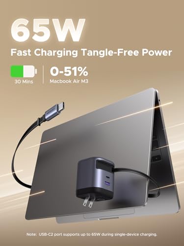 Image of UGREEN Nexode 65W GaN USB C Retractable Charger with Built-in Cable, 2-Port Fast Charging Wall Adapter for iPhone 17 /16 /15, Galaxy S26 /S25 /S24, Pixel 10 /9 /8, MacBook Pro /Air /Neo, iPad, AirPods
