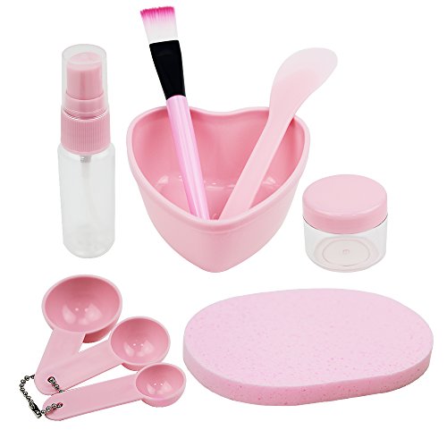 Teenitor Beauty DIY Mask Mixing Tool Set with Hearted-mask Bowl Spatula Brush Spray Bottle Puff Soaking Bottle Gauges 9 in 1 Set Pink