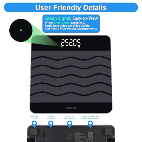 Homebuds 300kg Personenwaage, Präzision 0,05kg Unsere Waage Fabrik Professionelle Seit 2001, Smart Waage Personen Digital BMI Per App, 8mm Gehärtetes Glas 315 * 315mm, LED, Schwarz 3