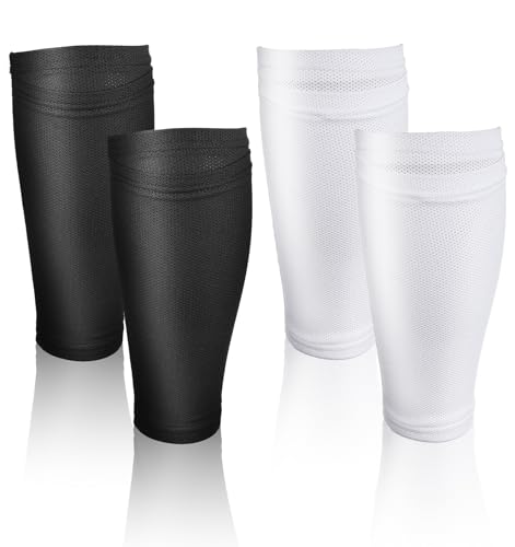 2Pcs Schienbeinschoner Strumpf, Shin Pad Sleeves Atmungsaktive Polyester-Stützstrümpfe, Schnelltrocknend mit Anti-Rutsch-Funktion für Fußball Radfahren und Laufsport Jugendliche/Erwachsene