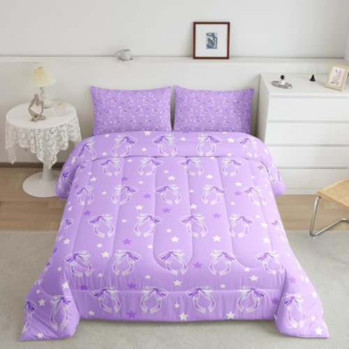 Manfei Kawaii Bowknot Kids Comforter Set Queen Size,Watercolor Stars Ribbon